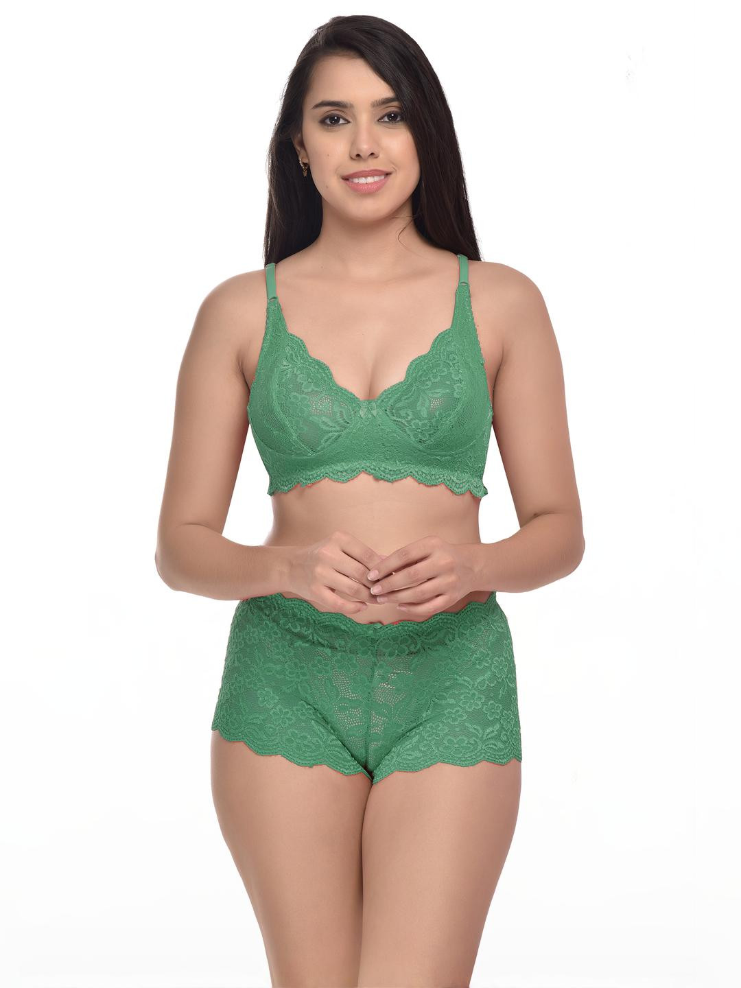 Women Green Net Bra Panty Set for Lingerie Set Undergarments Pack of 1