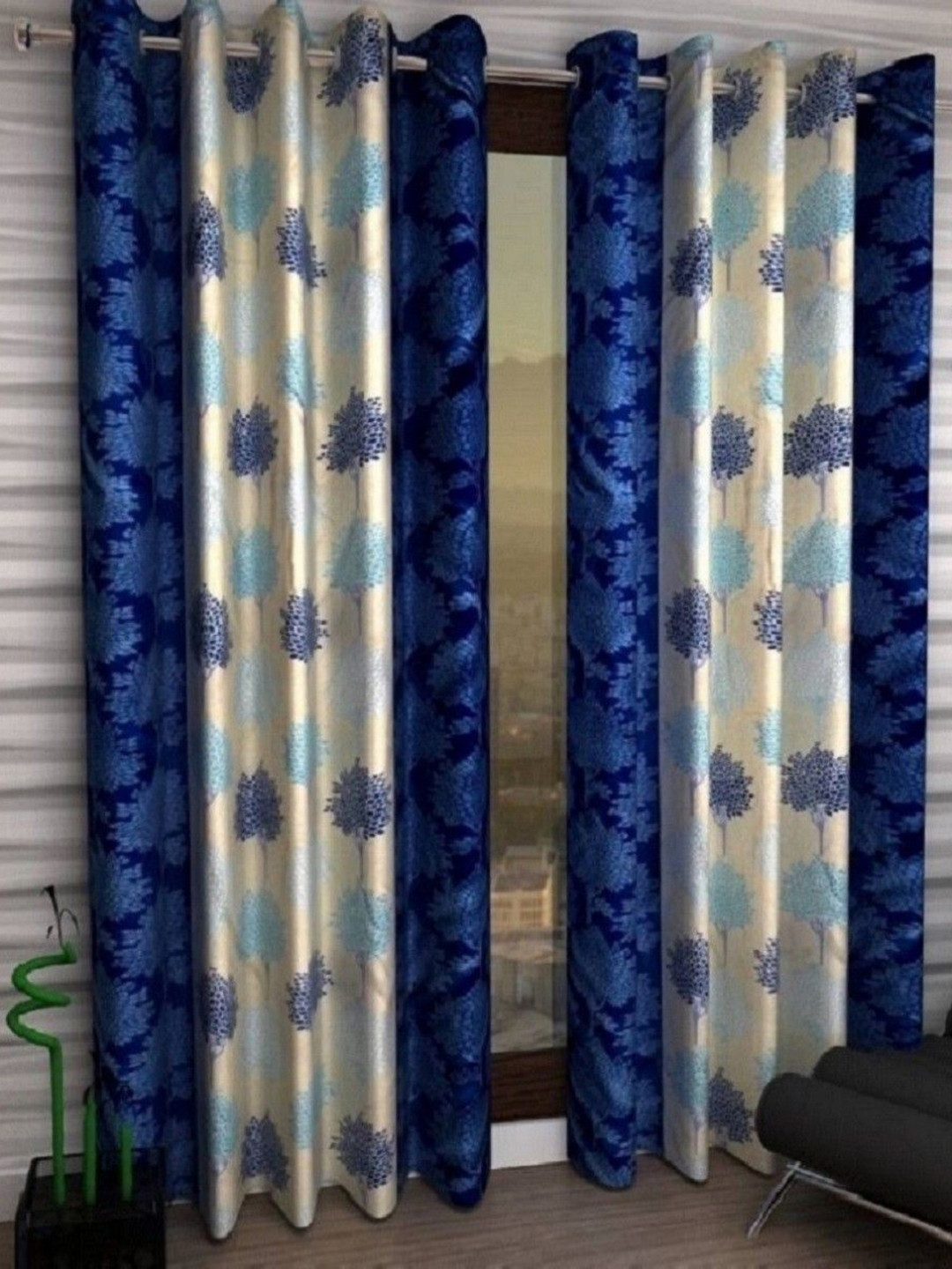 BELLA TRUE White And Blue 2 Pieces Floral Printed Regular Door Curtains