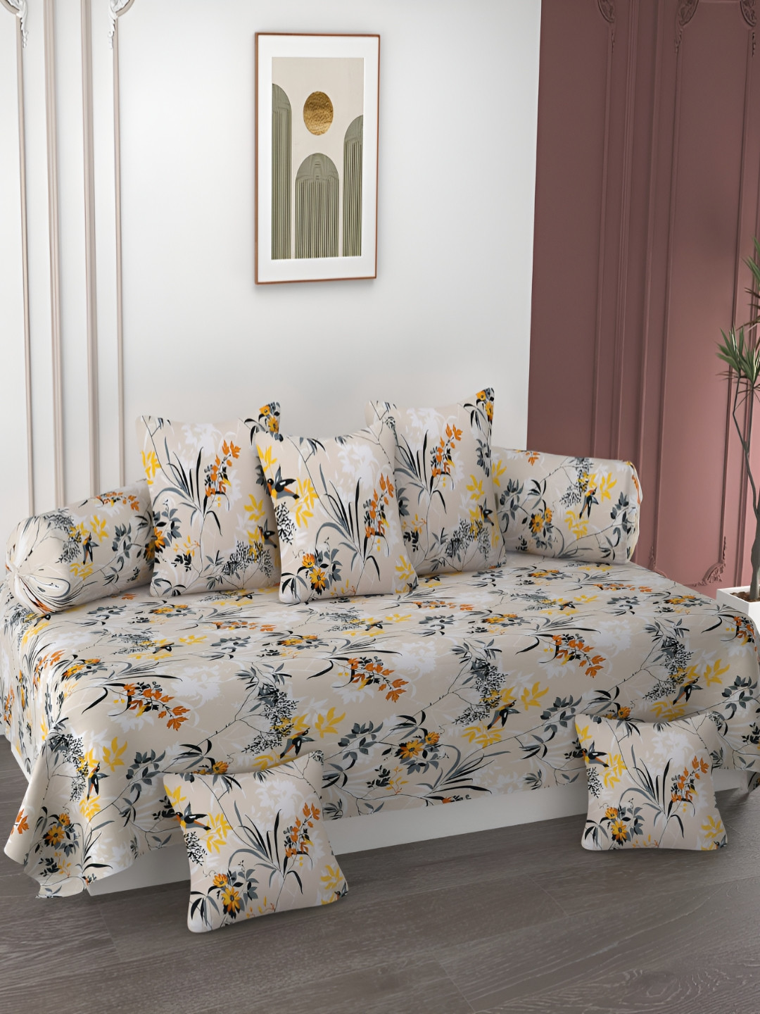 AMRANGE 8Pcs Beige & Yellow Floral Printed Diwan Set