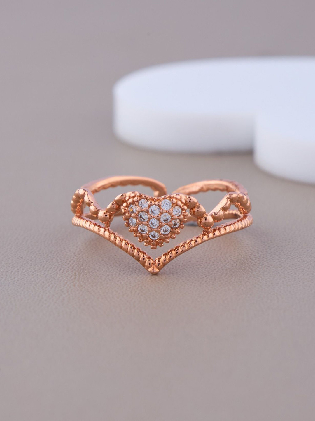 GC PREMIUM JEWELLERY Rose Gold-Plated Stones Studded Heart-Shaped Ring