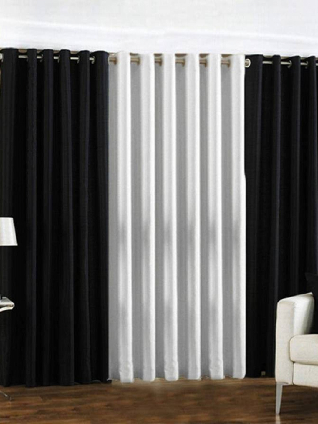 BELLA TRUE White & Black 3 Pieces Ripple Fold Door Curtains