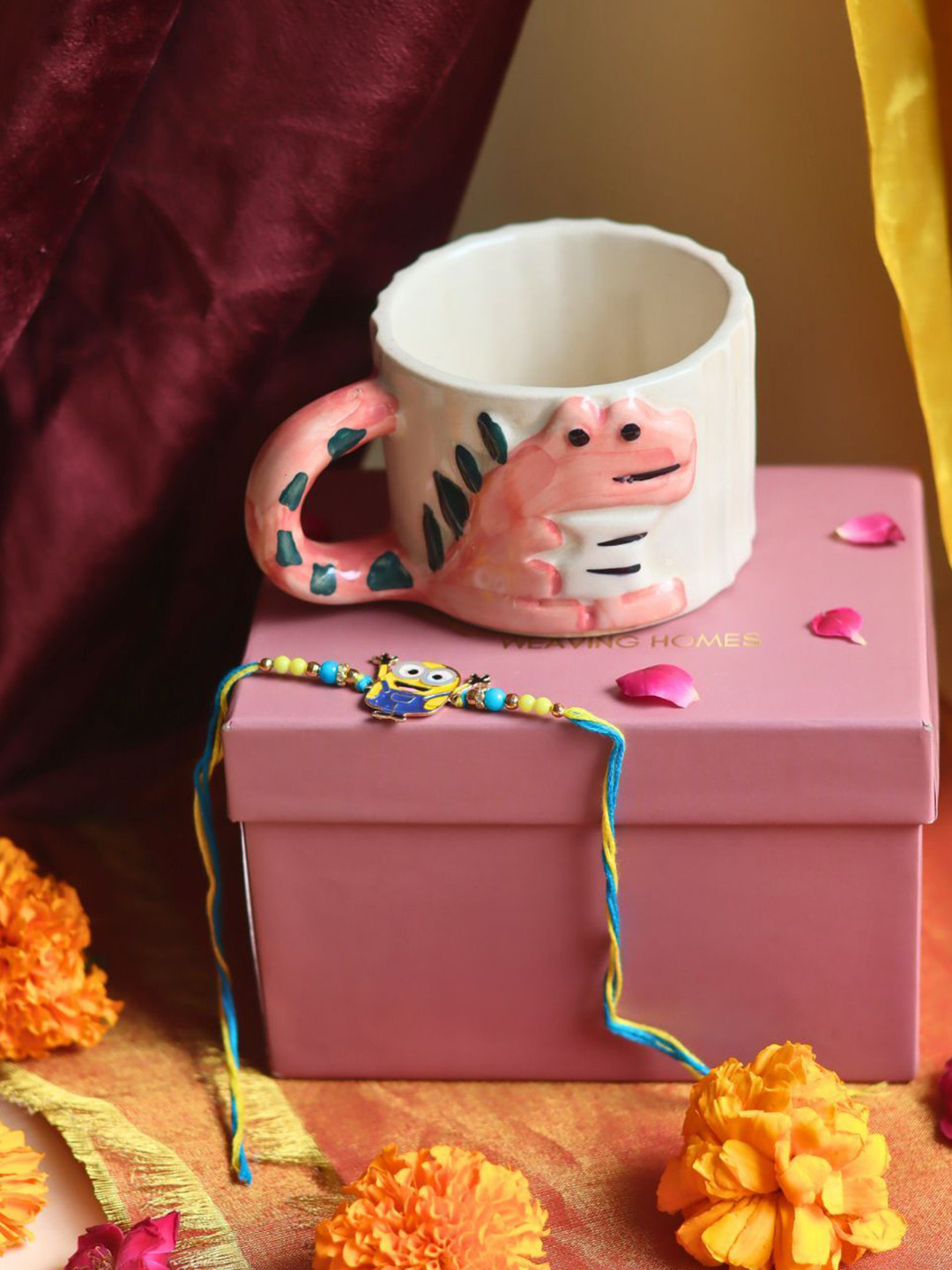 WEAVING HOMES Set of 2 Beaded Thread Rakhi With Dino Mite Mug