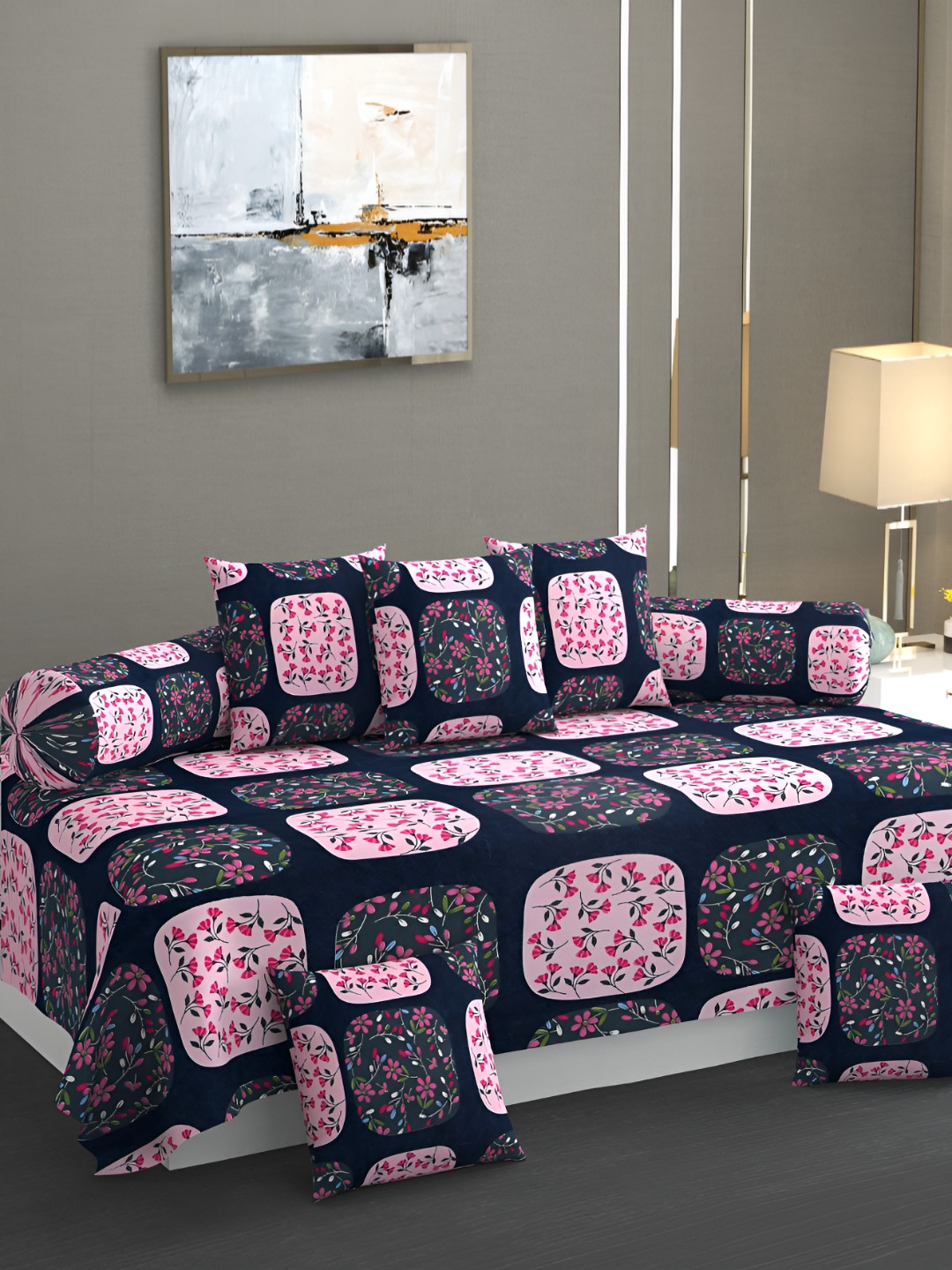 AMRANGE Navy Blue & Pink 8 Pieces Floral Printed Bedsheet with Bolster and Cushion Covers