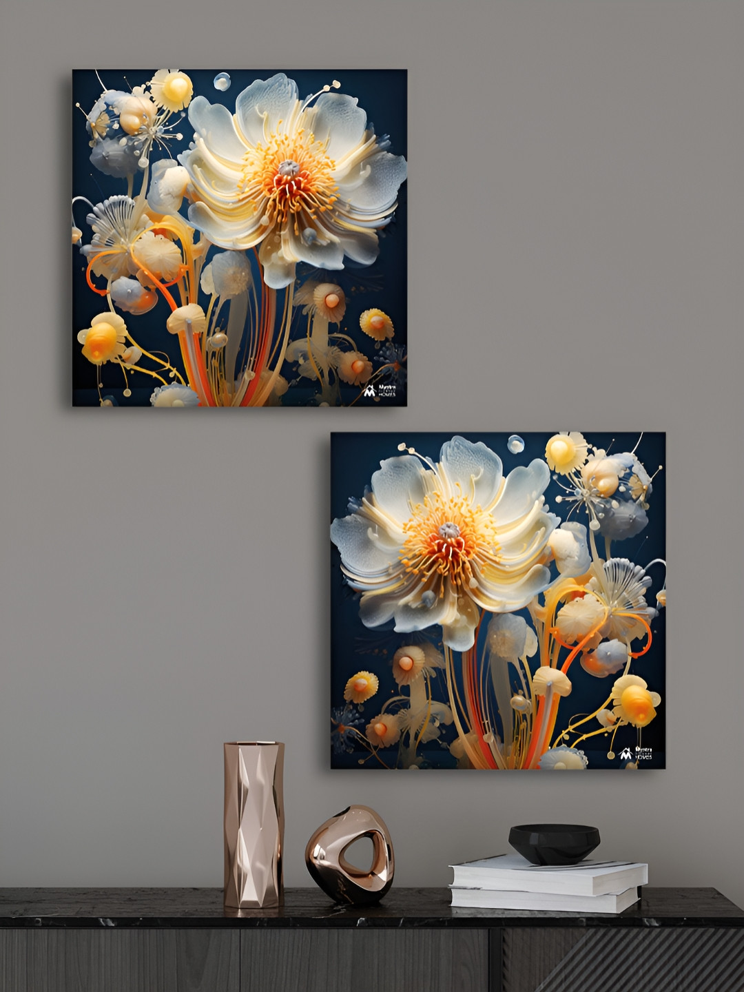 Myntra Elegant Homes Premium Painting White & Navy Blue 2 Pieces Floral Canvas Wall Arts