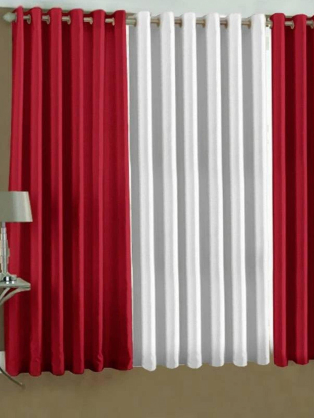 BELLA TRUE Red & White 3 Pieces Eyelet Fitted Door Curtains