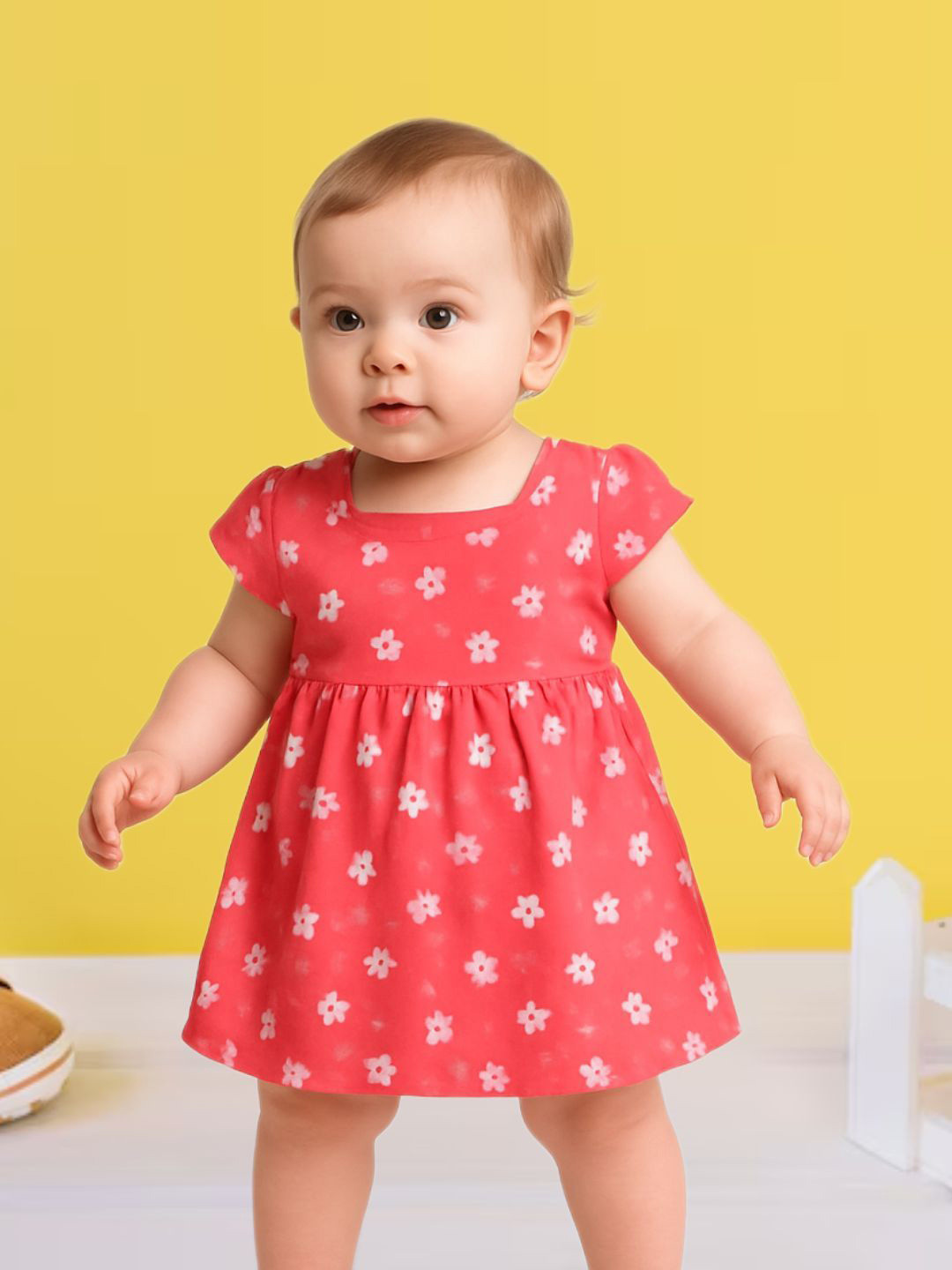 FASHION GRAB Girls Floral Printed Square Neck Pure Cotton Fit & Flare Dress