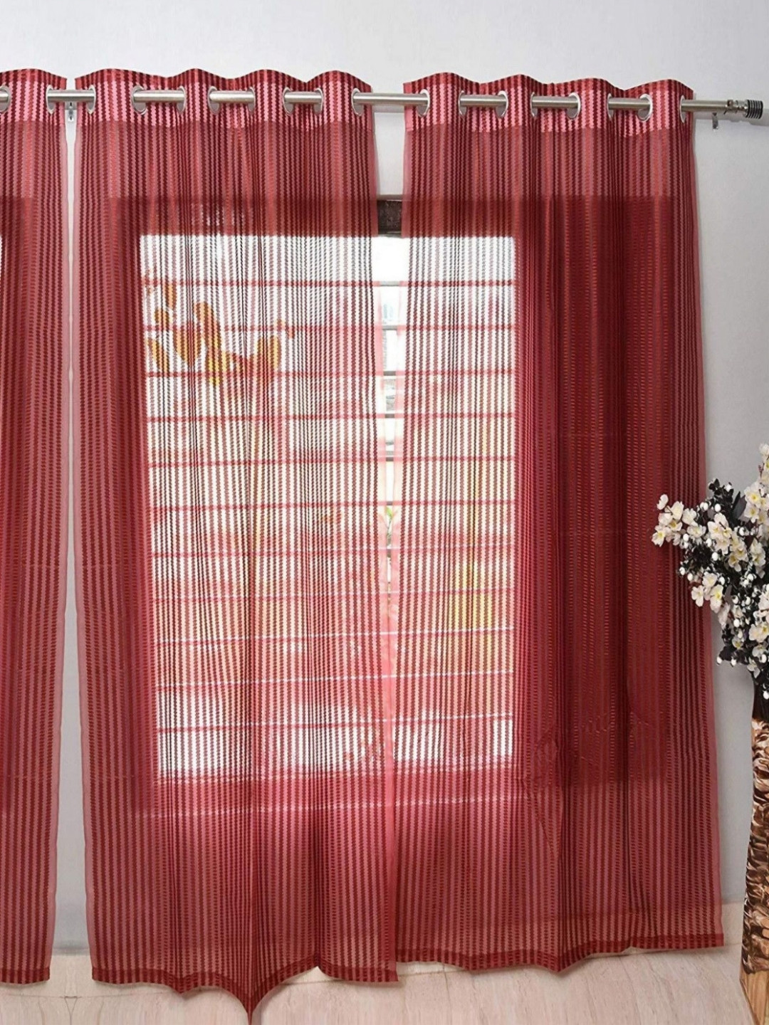 BELLA TRUE Maroon 4 Pieces Striped Eyelet Fitted Sheer Door Curtains