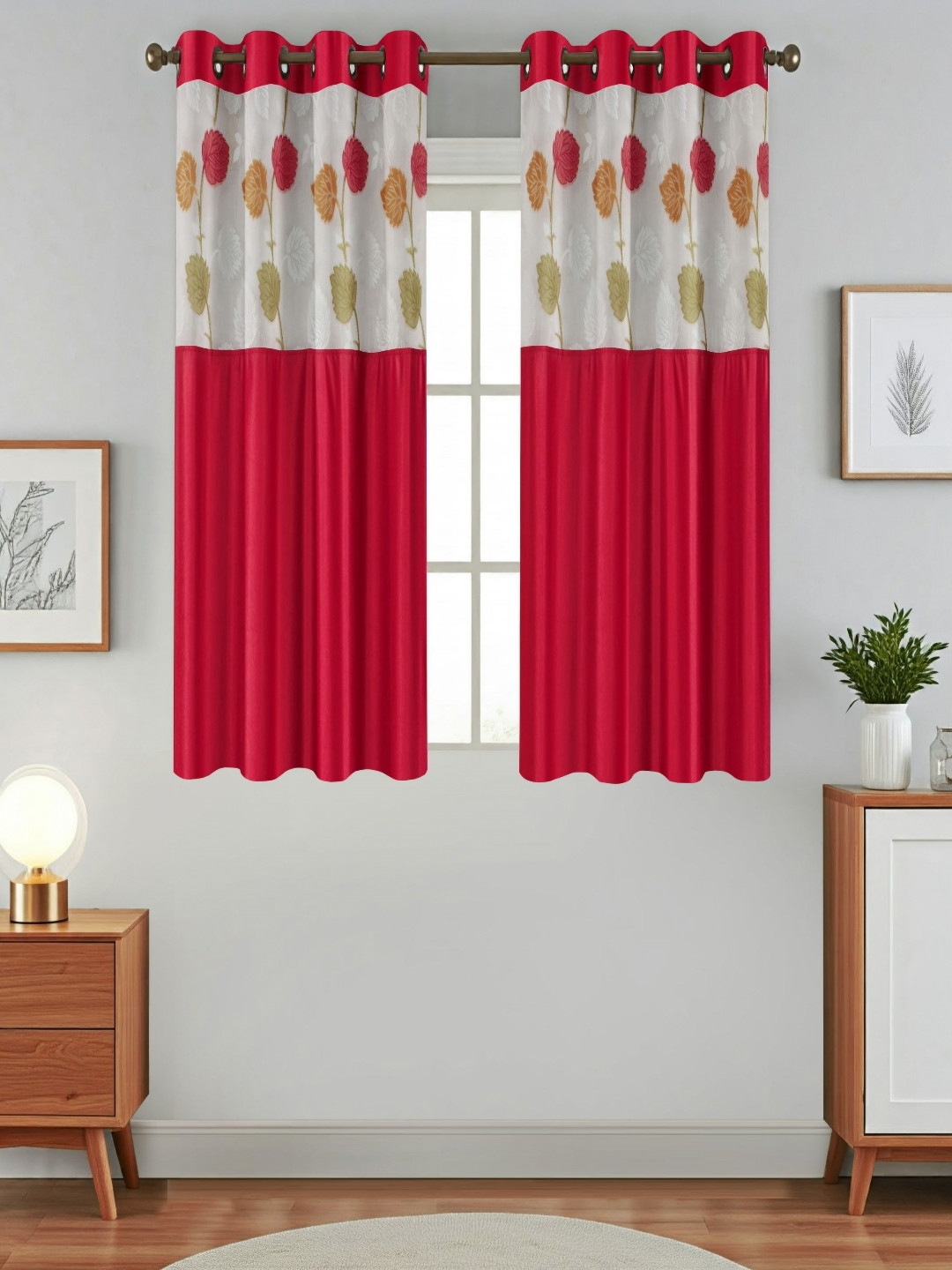 Aura Pink And White 2 Pieces Floral Printed Sheer Window Curtains