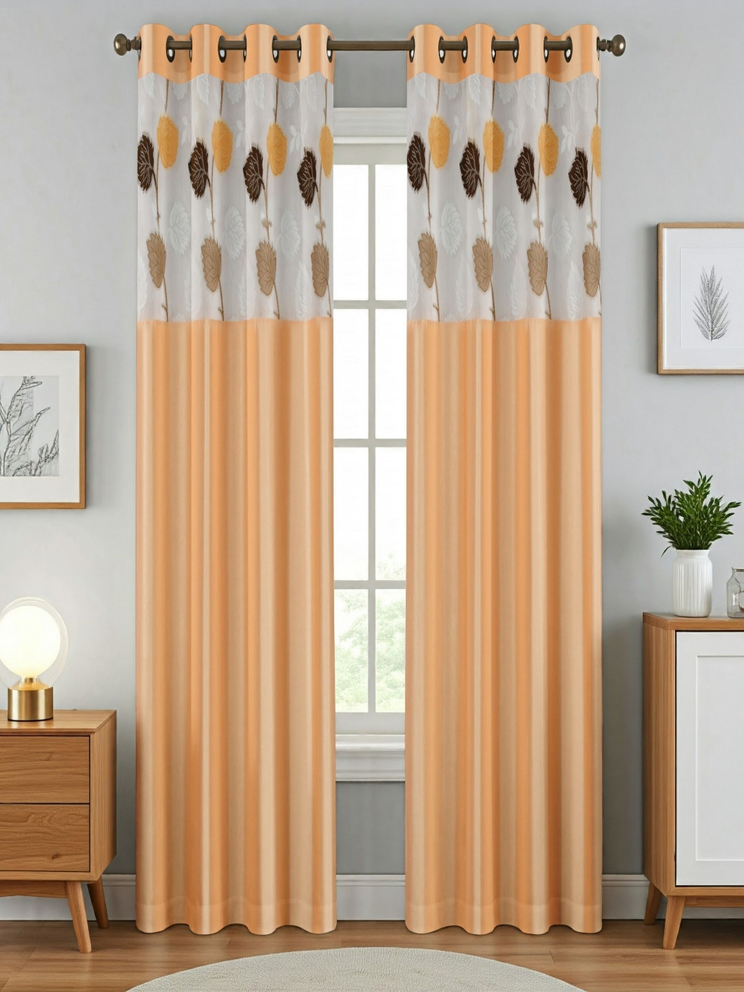 Aura Beige And White 2 Pieces Floral Printed Sheer Long Door Curtains