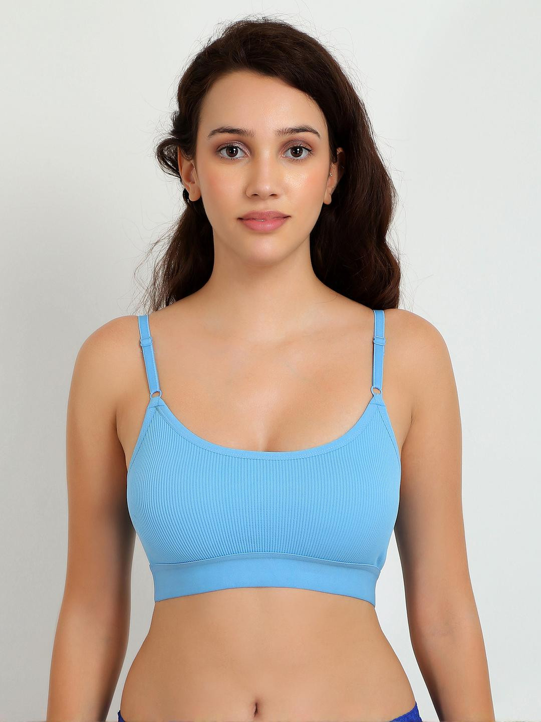 Women Cotton Light Blue Non Padded Non-Wired Lingerie Bra Sport wear Gym Crop Tank Top