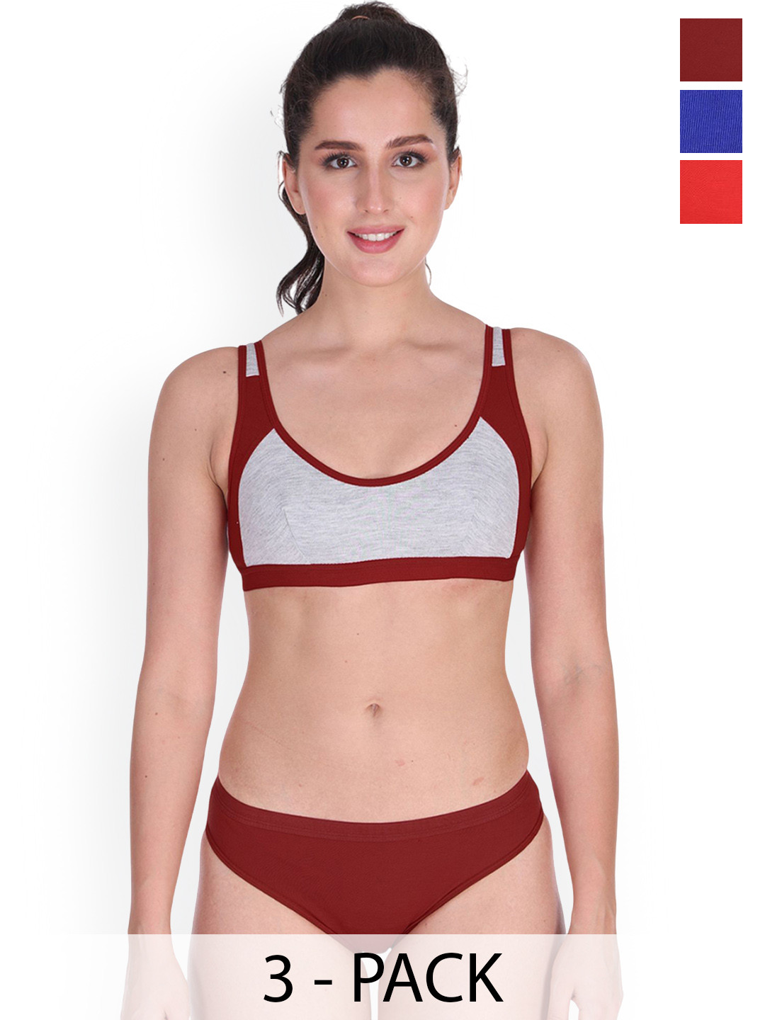 Samvar Pack Of 3 Colourblocked Cotton Non-Padded Lingerie Set SNYC-Set_R,B,M