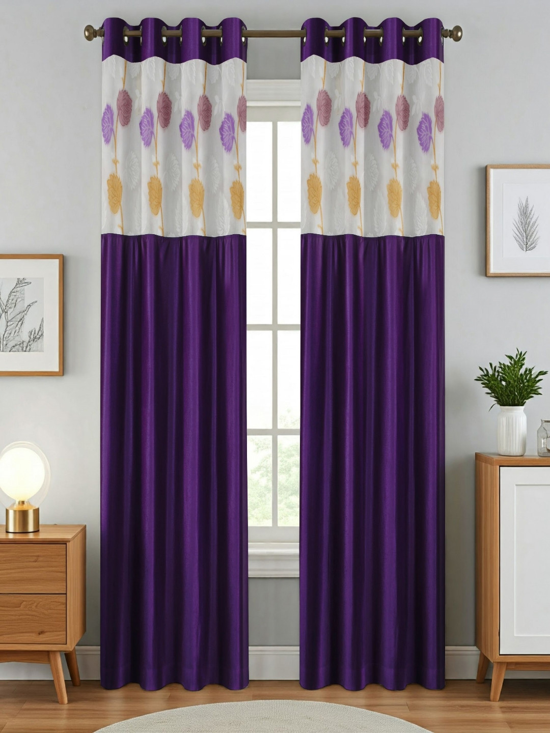 Aura Purple And White 2 Pieces Floral Printed Sheer Door Curtains