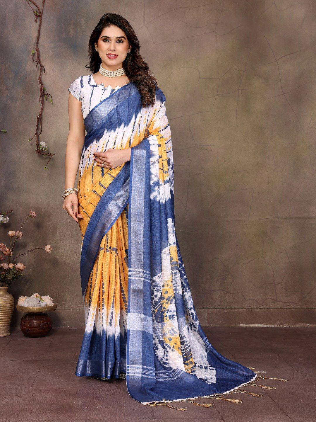 Shriyangan Tie and Dye Zari Pure Linen Bandhan Saree