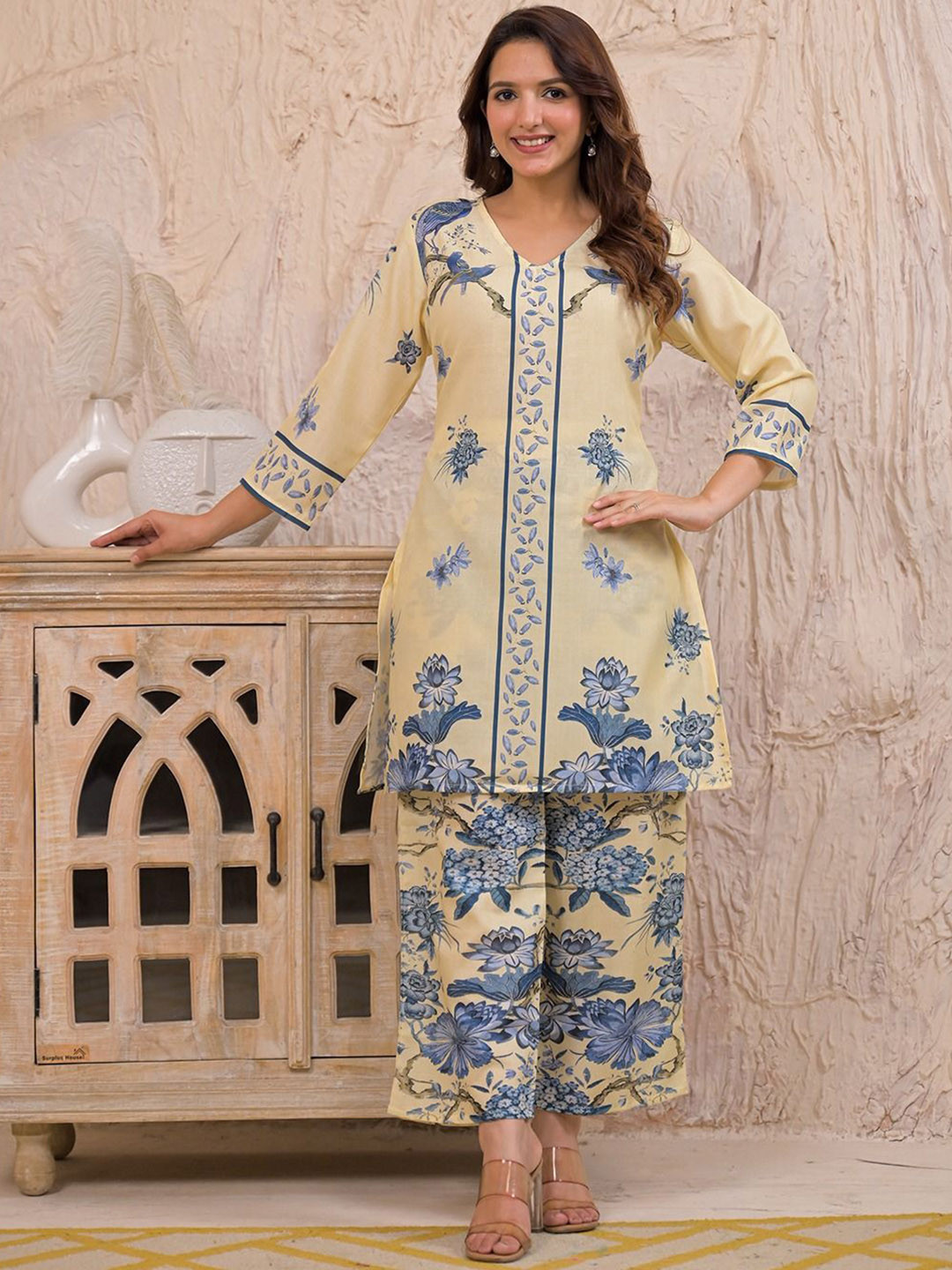 AUTUMN LANE Kara Admiral Printed Pure Cotton V-Neck Tunic With Palazzo Co-Ords Set