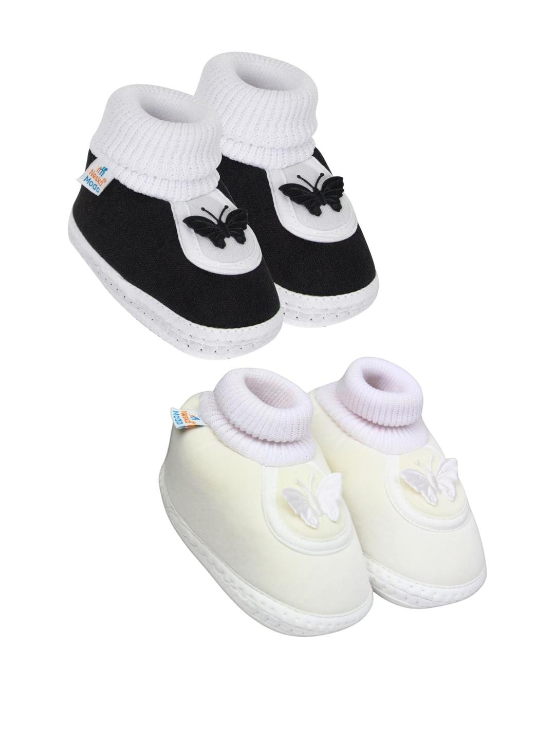Neska Moda 3 To 12 Months 2 Pair Set Newborn Unisex Baby Skin Friendly Cotton Butterfly Booties (Toe to Heel Length - 12 cm, Black, White)