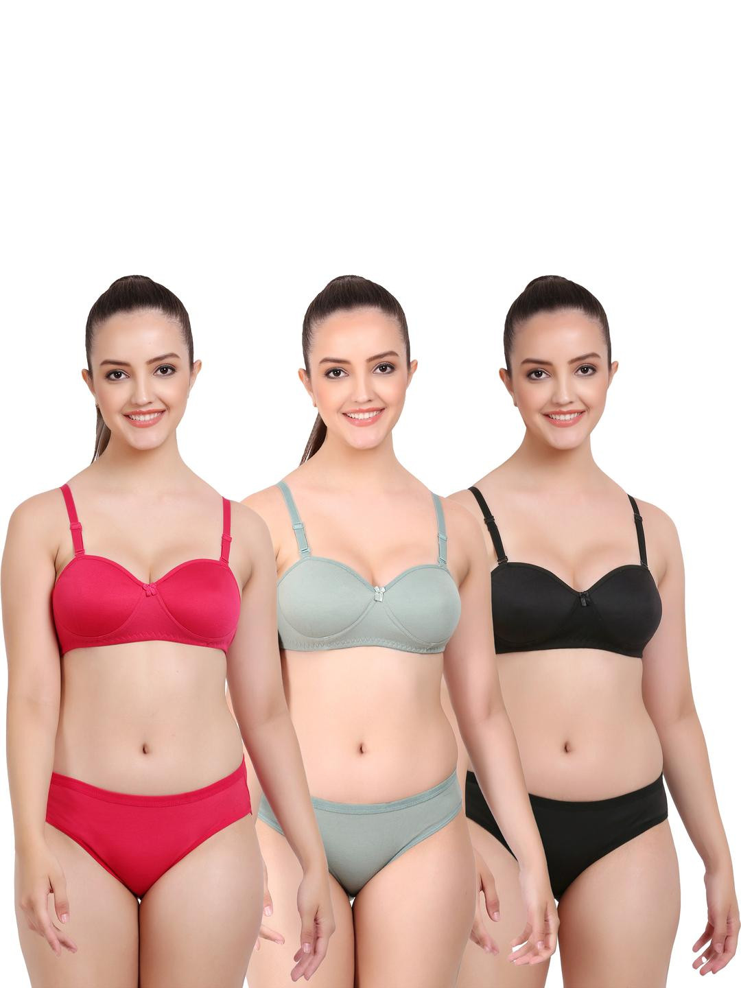 Women Red,Green,Black Cotton Bra Panty Set for Lingerie Set Undergarments Pack of 3