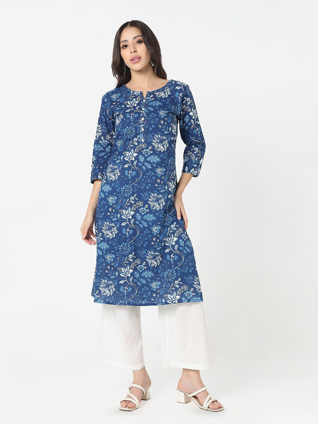 R&B Floral Printed Notch Neck Cotton Straight Kurta