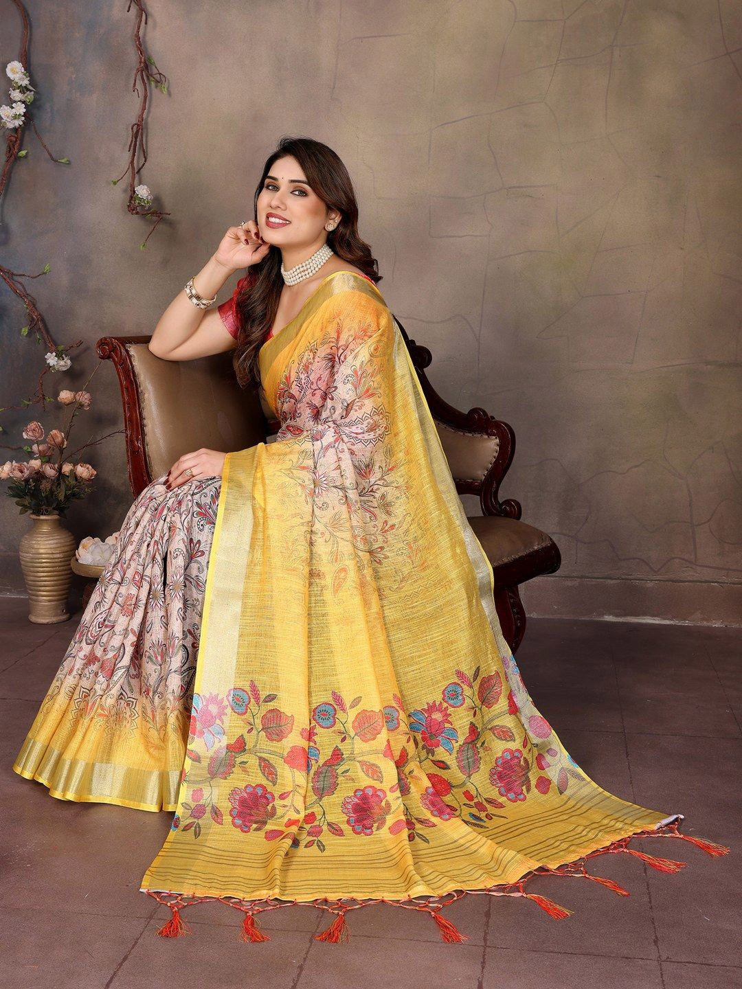 Shriyangan Ethnic Motifs Zari Pure Linen Block Print Saree