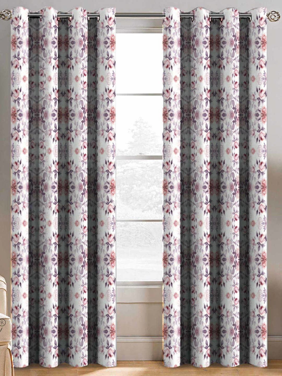 BELLA TRUE White & Grey 2 Pieces Floral Printed Long Door Curtains