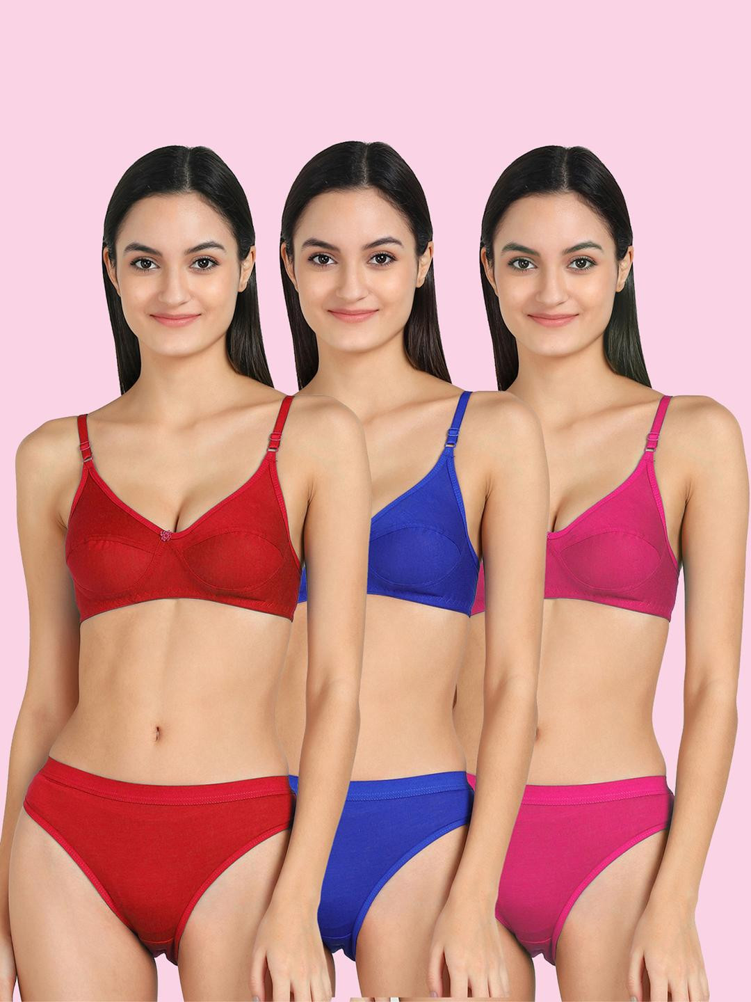 Women Red,Blue,Pink Cotton Bra Panty Set for Lingerie Set Undergarments Pack of 3