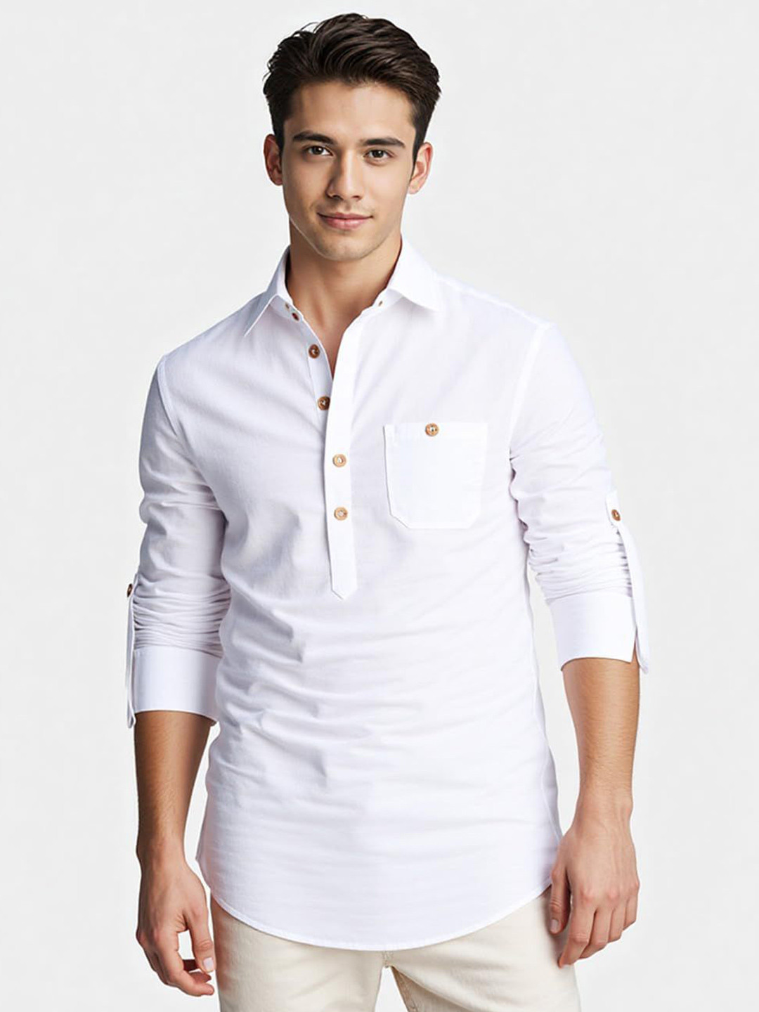 Vida Loca Spread Collar Roll-Up Sleeves Cotton Slim-Fit Shirt