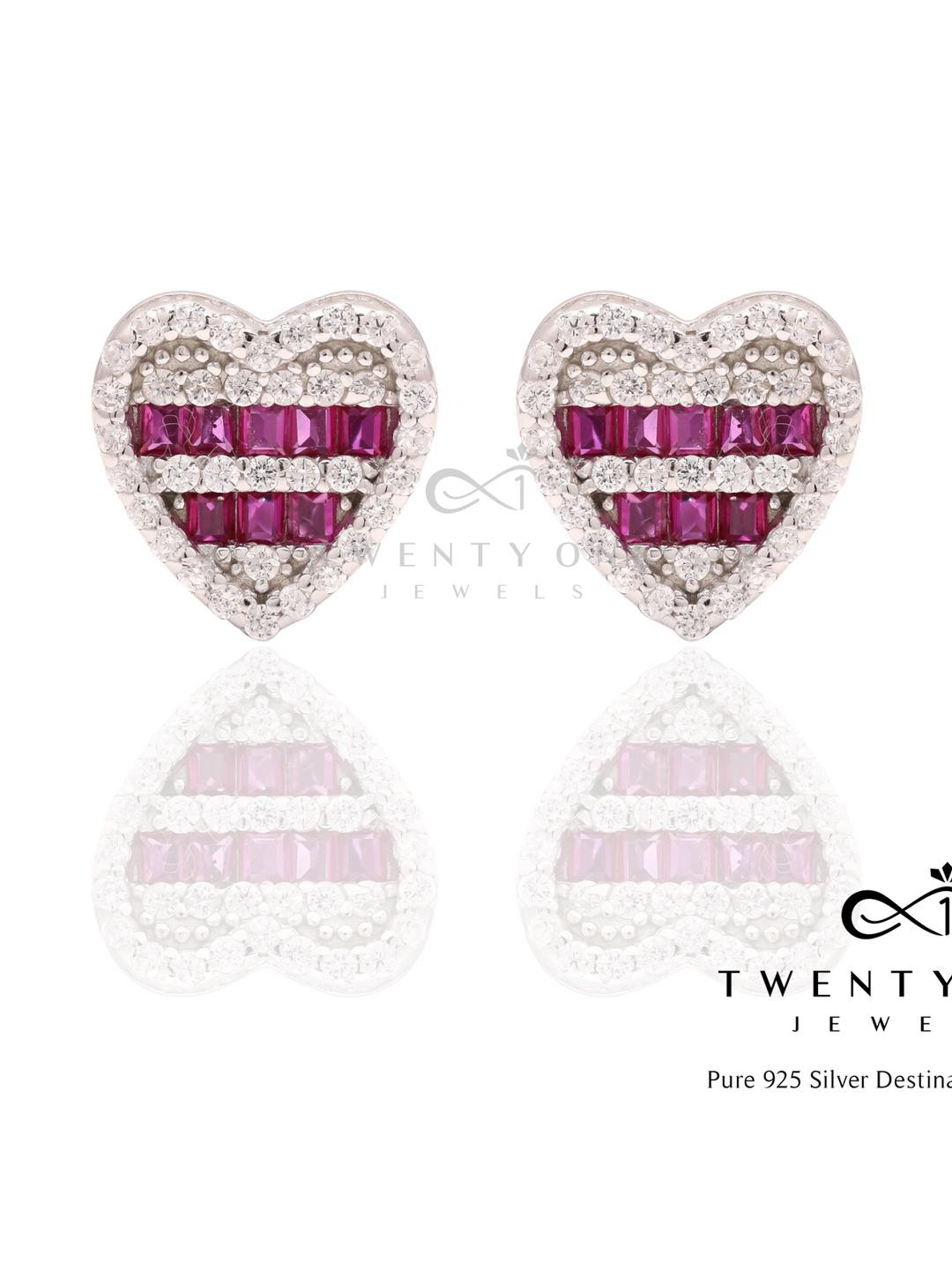 American Diamond and Ruby Studded Heart Savoya Studs on Pure 925 Silver