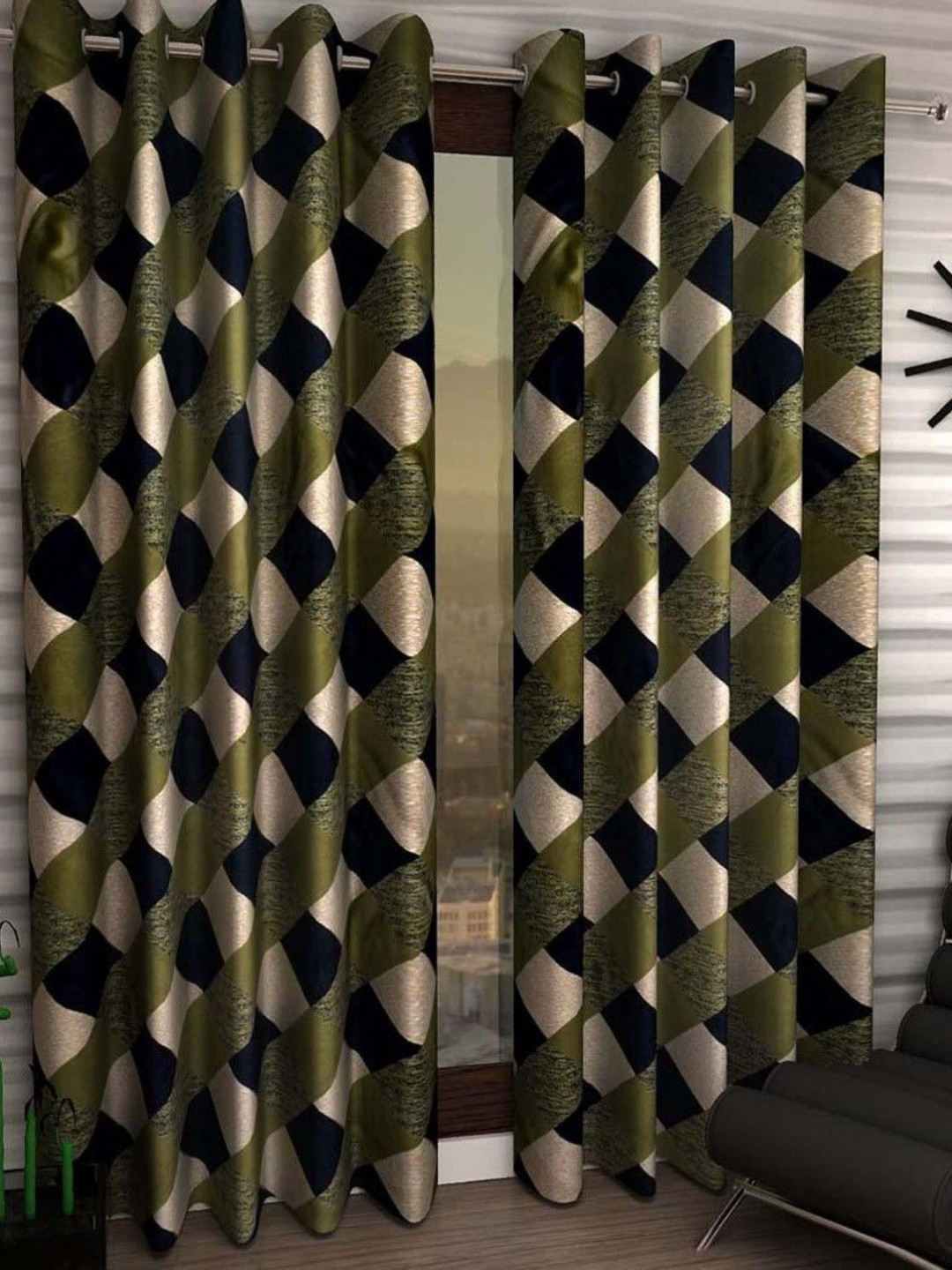 BELLA TRUE Green & Cream 3 Pieces Geometric Printed Long Door Curtains