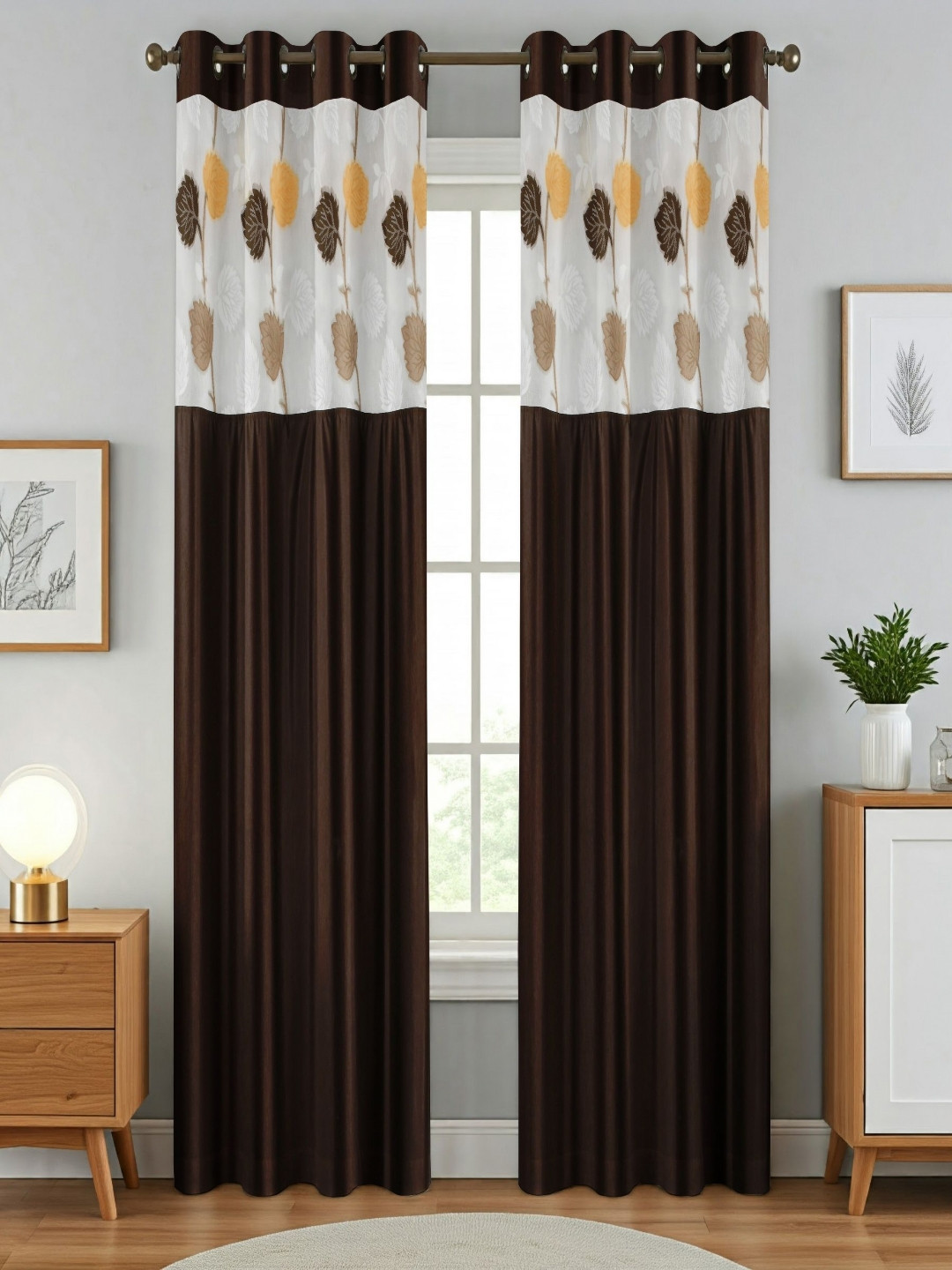 Aura Brown And White 2 Pieces Floral Printed Sheer Door Curtains