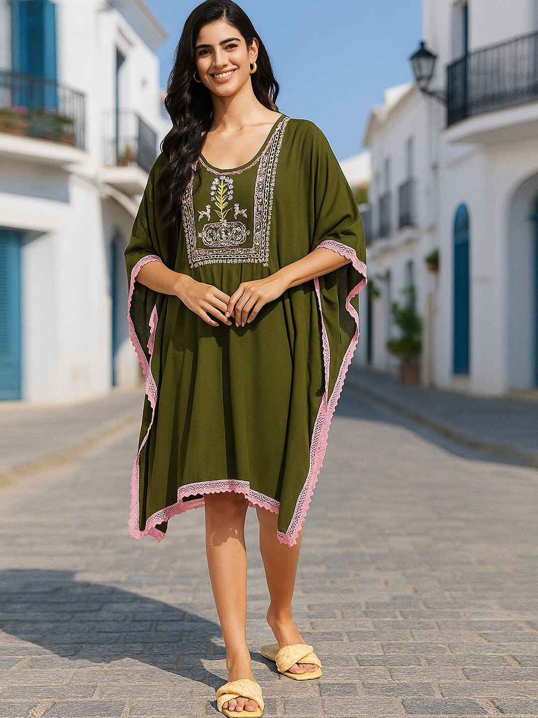 Moda Rapido Women Embroidered Lace Work Kimono Sleeve Kaftan Dress