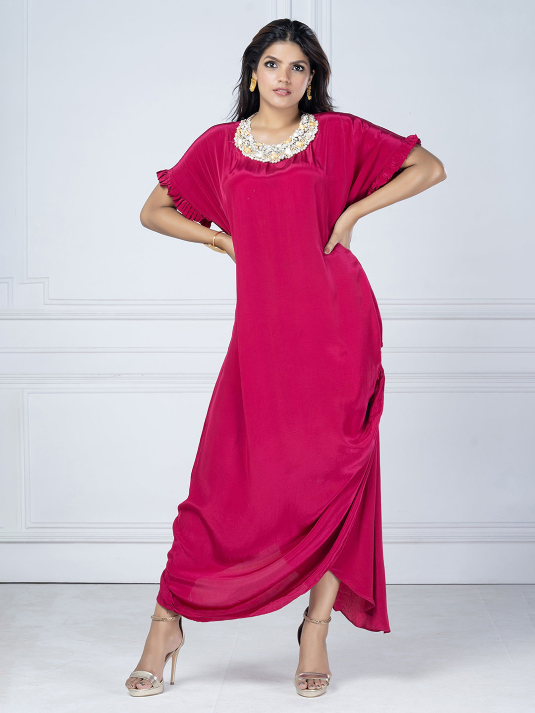 GloballyRonakRBafna Women Jewel Neck Extended Sleeves Crepe Maxi Dress