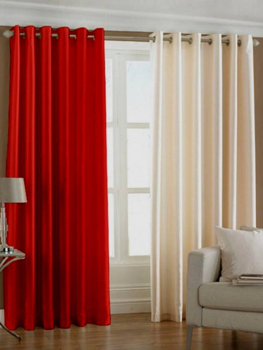 BELLA TRUE 2 Pcs Red & Cream Long Door Curtains