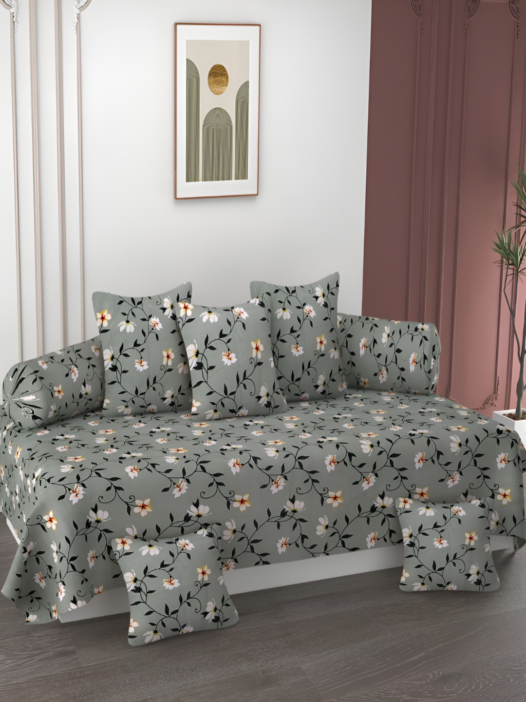 AMRANGE Set Of 8 Floral Printed Diwan Set