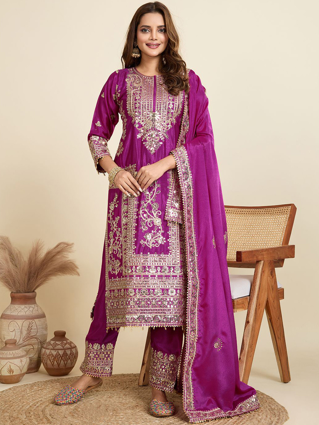 AKSHARAM Floral Embroidered Sequinned Straight Kurta With Trousers & Dupatta