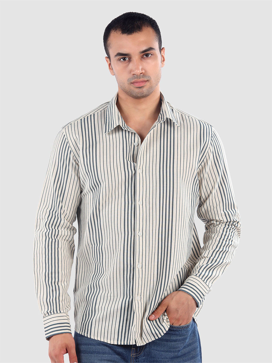Beyoung Men Classic Navy Cotton Stripe Shirt