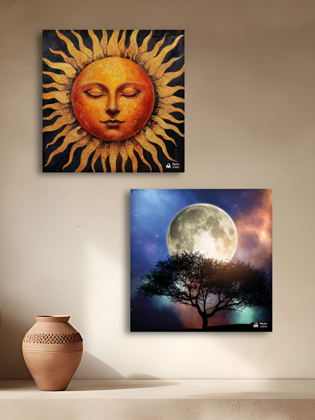 Myntra Elegant Homes Premium Painting Blue & Orange 2 Pieces Sun And Moon Canvas Wall Arts