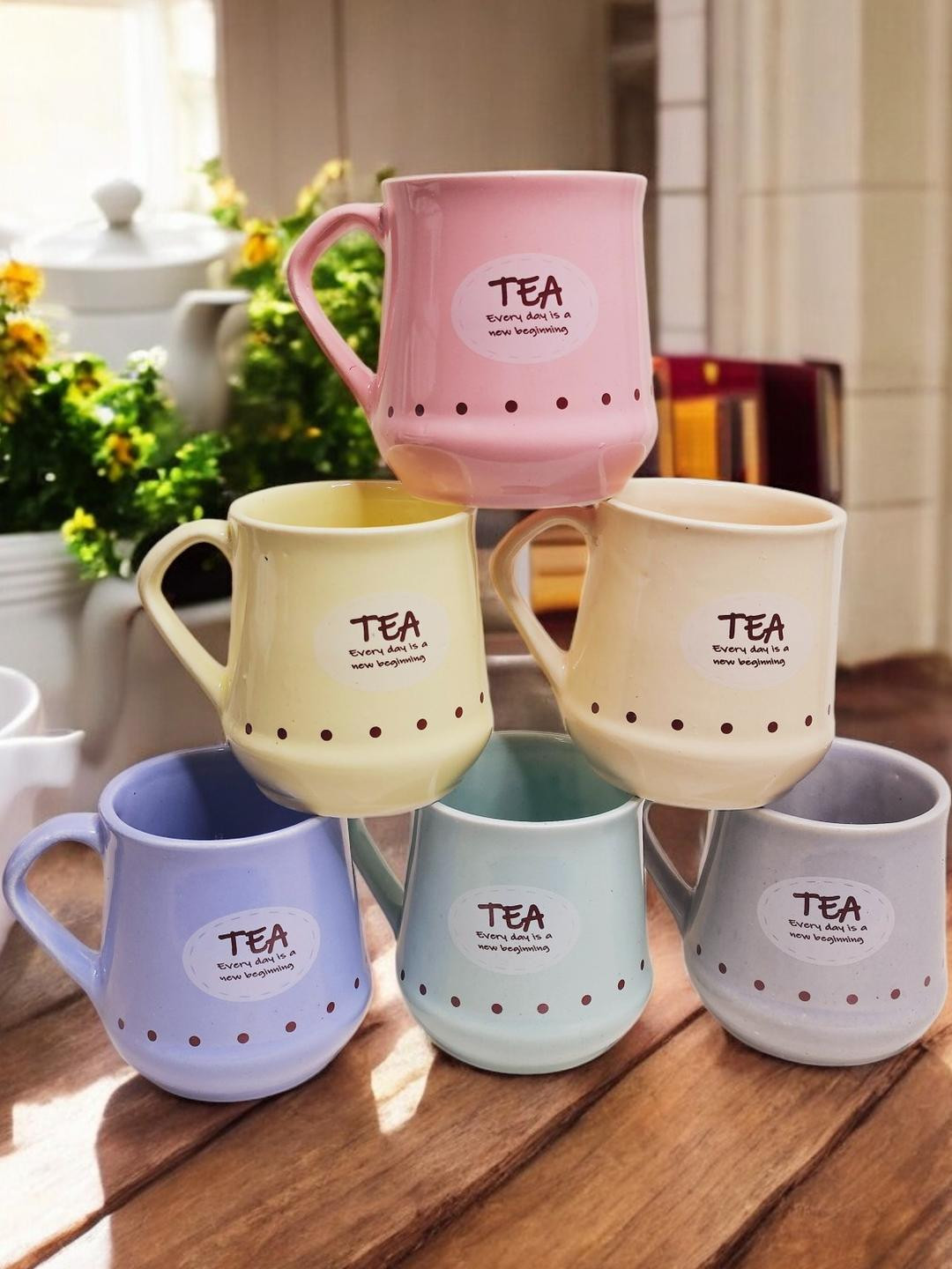 Handmade Ceramic Multicolor Flask Cane Shape Tea Mugs (Set Of 6)