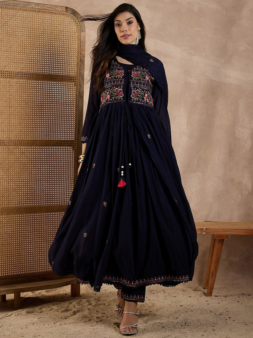 CHETI Floral Embroidered Pleated Thread Work Anarkali Kurta With Trousers & Dupatta