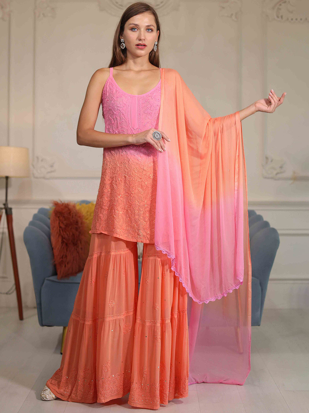 ILLICA Ombre Printed Chikankari Straight Sharara Set