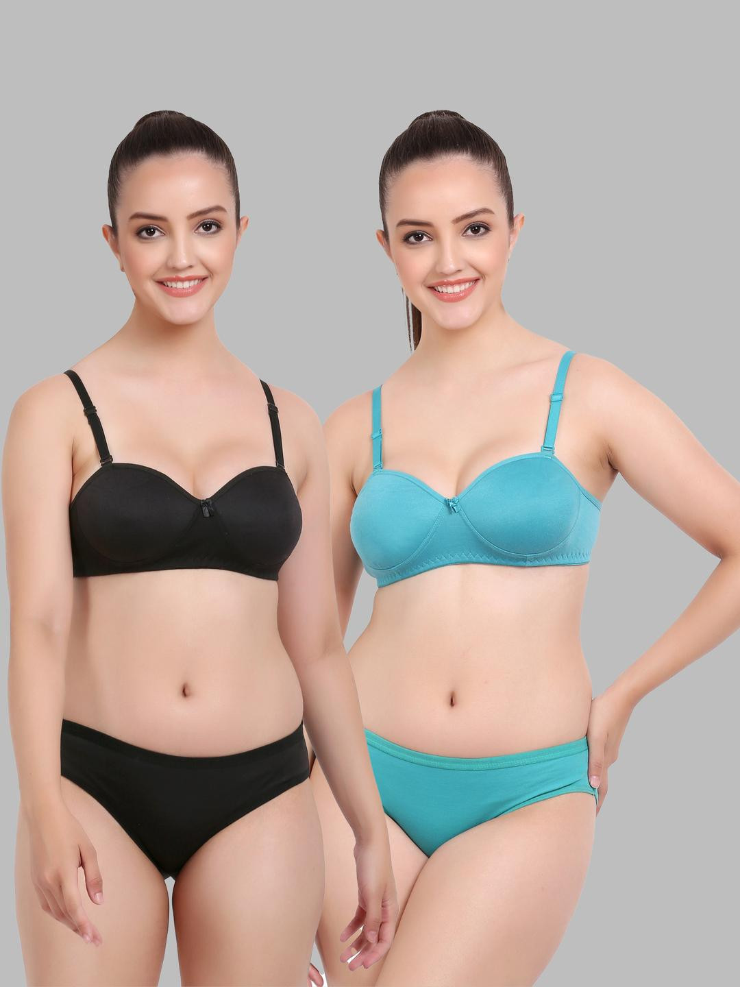 Women Black,Dark Blue Cotton Bra Panty Set for Lingerie Set Undergarments Pack of 2