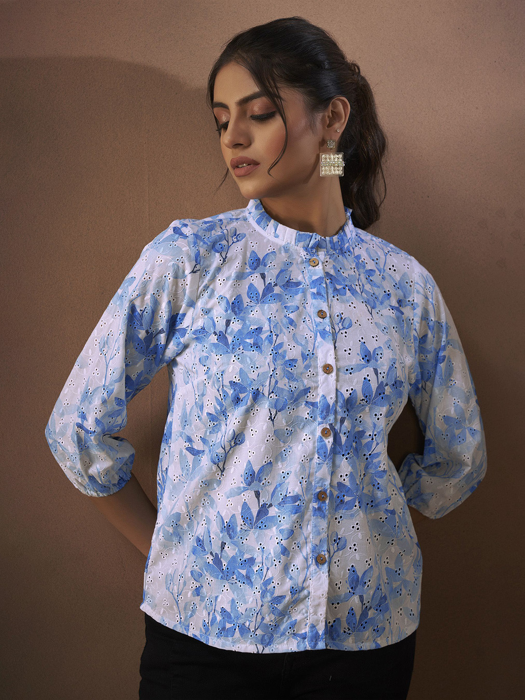 Anouk Women Floral Printed Schiffli Mandarin Collar Shirt Style Tops