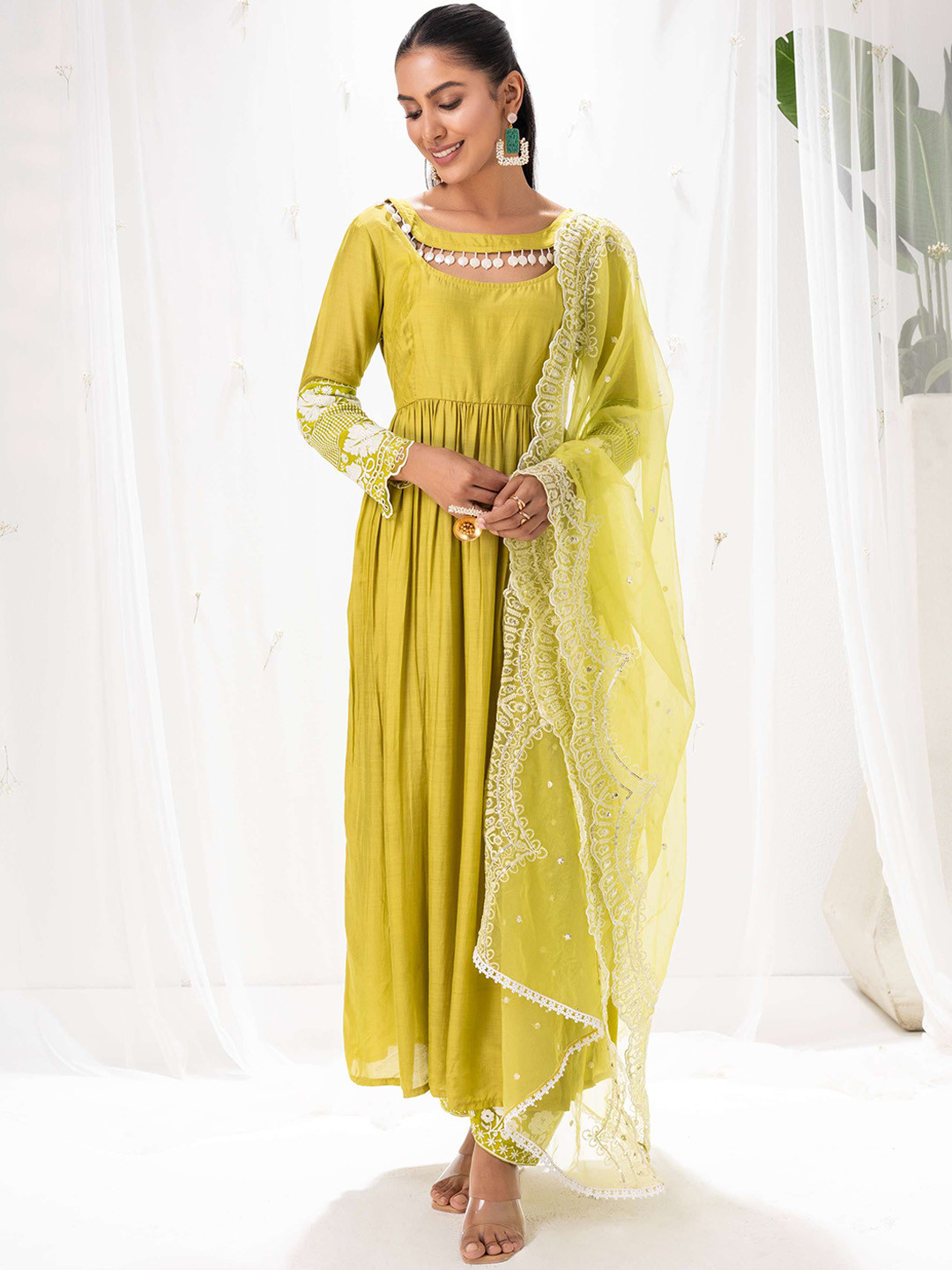 SEW Keyhole Neck Beads & Stones Anarkali Kurta With Trousers & Dupatta