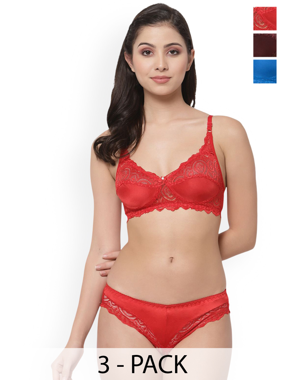 Samvar Pack Of 3 Self-Designed Non Padded Lingerie Set B-Stich-Set_Red,Maroon,Blue