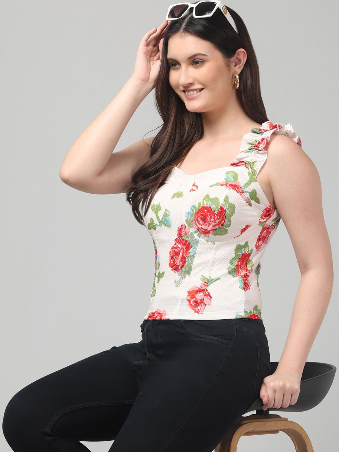 clobug Women Floral Print Sweetheart Neck Top