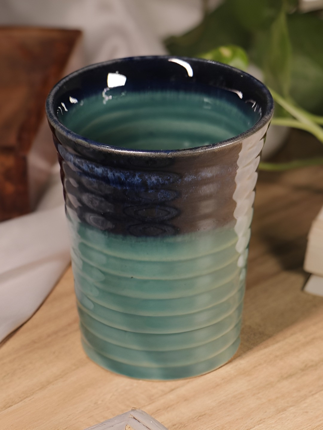 Rare Planet Blue & Black Textured Ceramic Water Glass