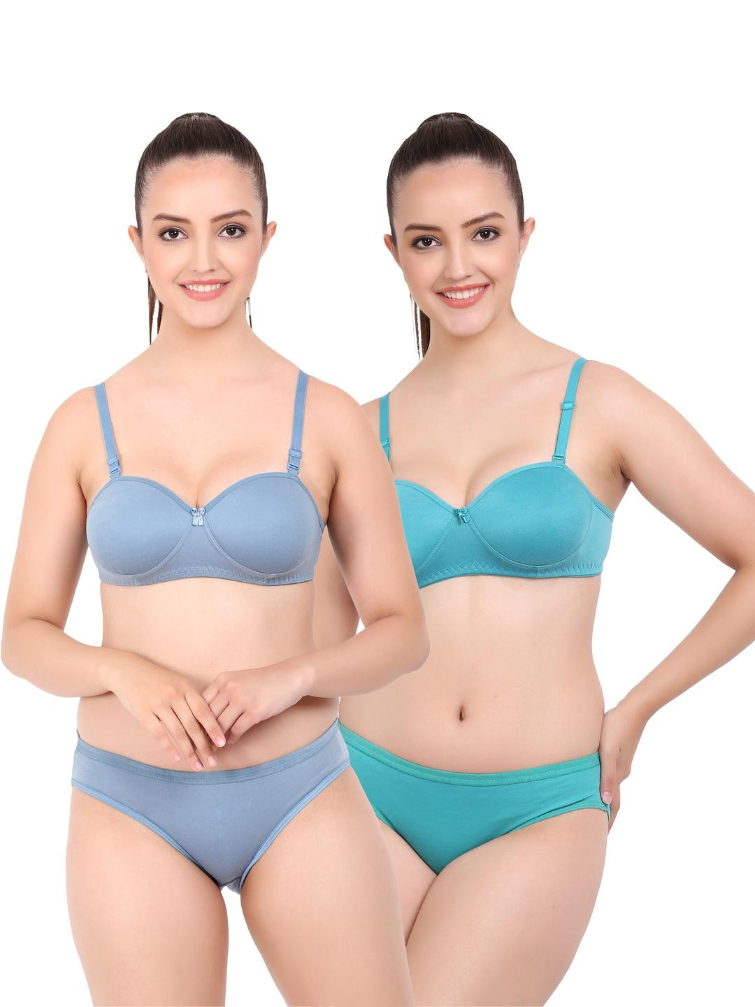Women Blue,Dark Blue Cotton Bra Panty Set for Lingerie Set Undergarments Pack of 2