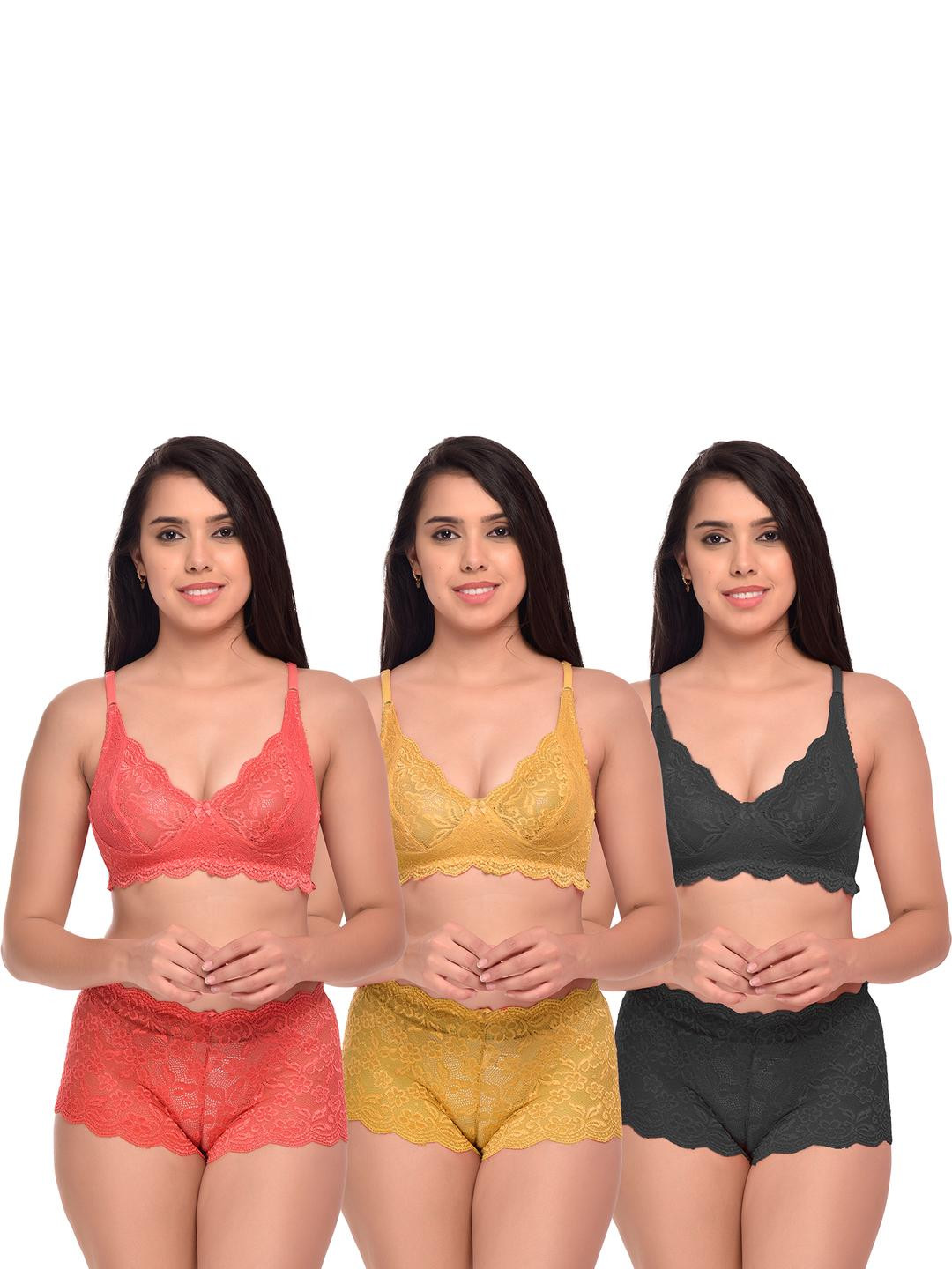 Women Red,Yellow,Black Net Bra Panty Set for Lingerie Set Undergarments Pack of 3