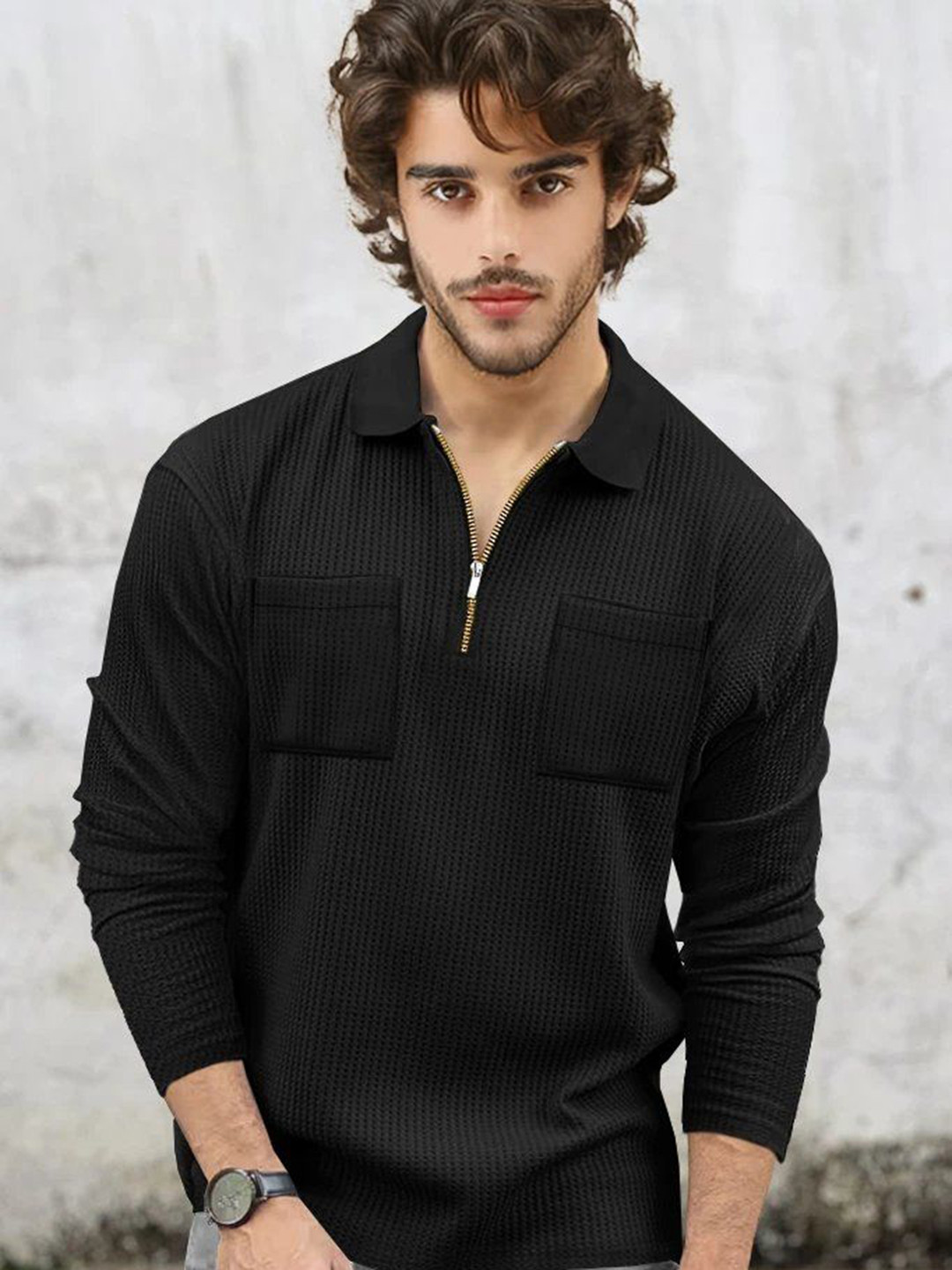TRIPR Self Design Polo Collar Long Sleeves T-shirt