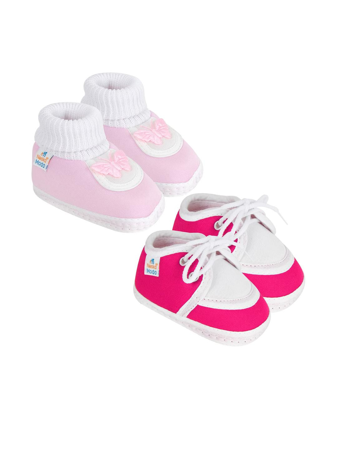 Neska Moda 0 To 6 Months Newborn Baby Boys & Girls Soft Cotton Set of 2 Pair Butterfly Baby Booties (Toe to Heel Length - 10 cm, Baby Pink, Rani Pink)