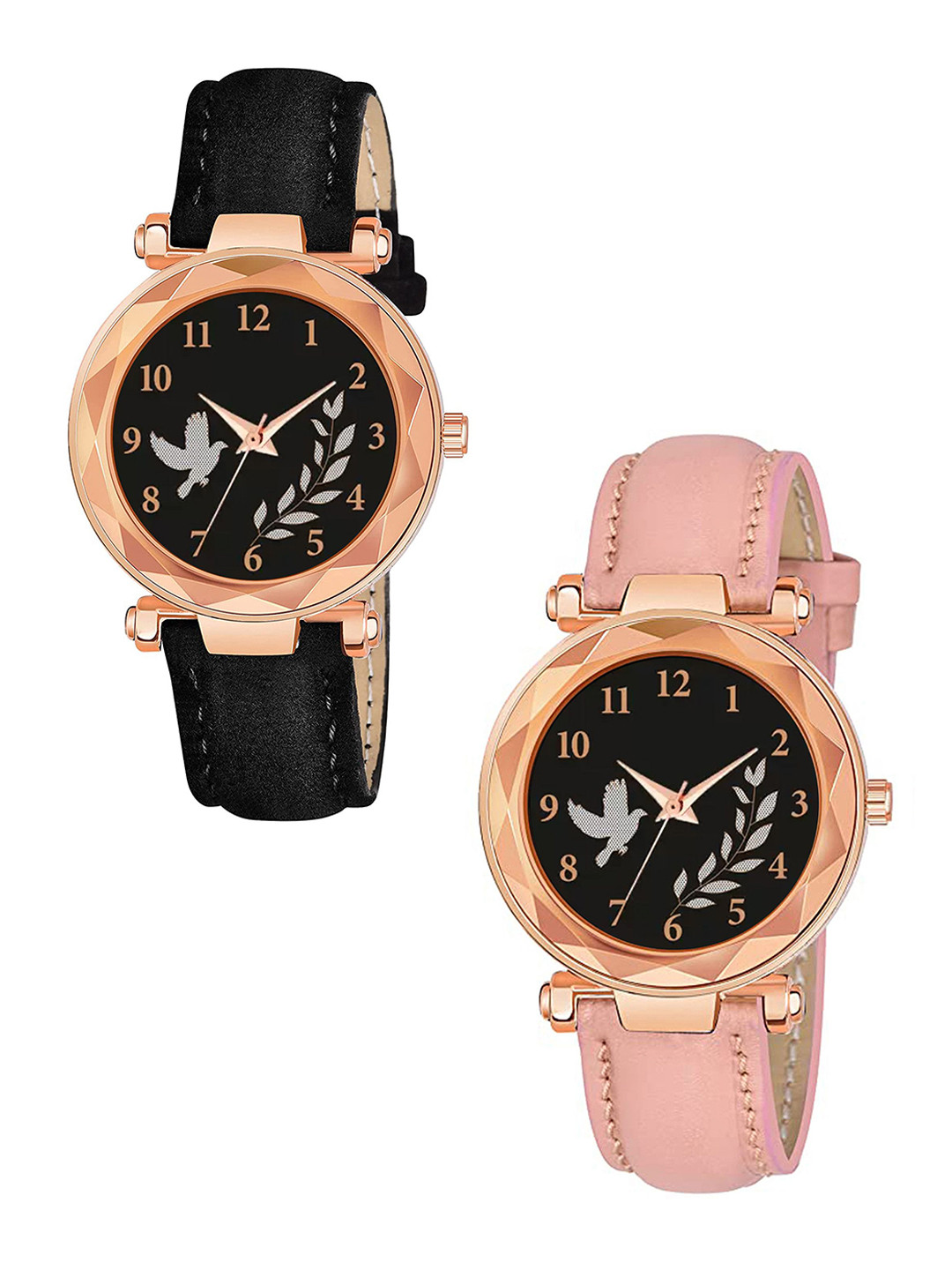Gopal Shopcart Unisex Pack Of 2 Printed Dial Analogue Watch GR379RG BIRD BLK Vel PINK G L