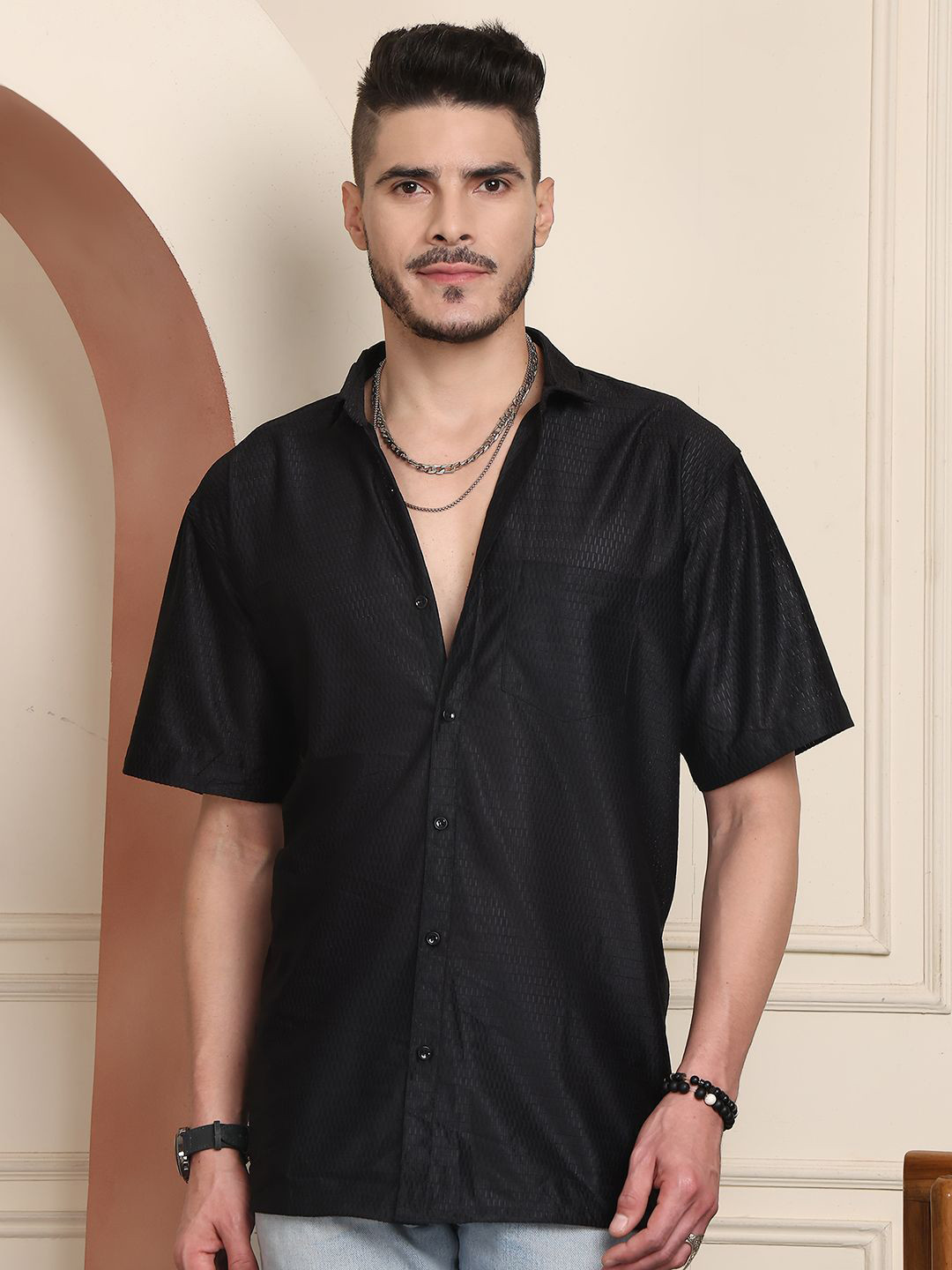 Blezza Textured Spread Collar Short Sleeves Cotton Shirt